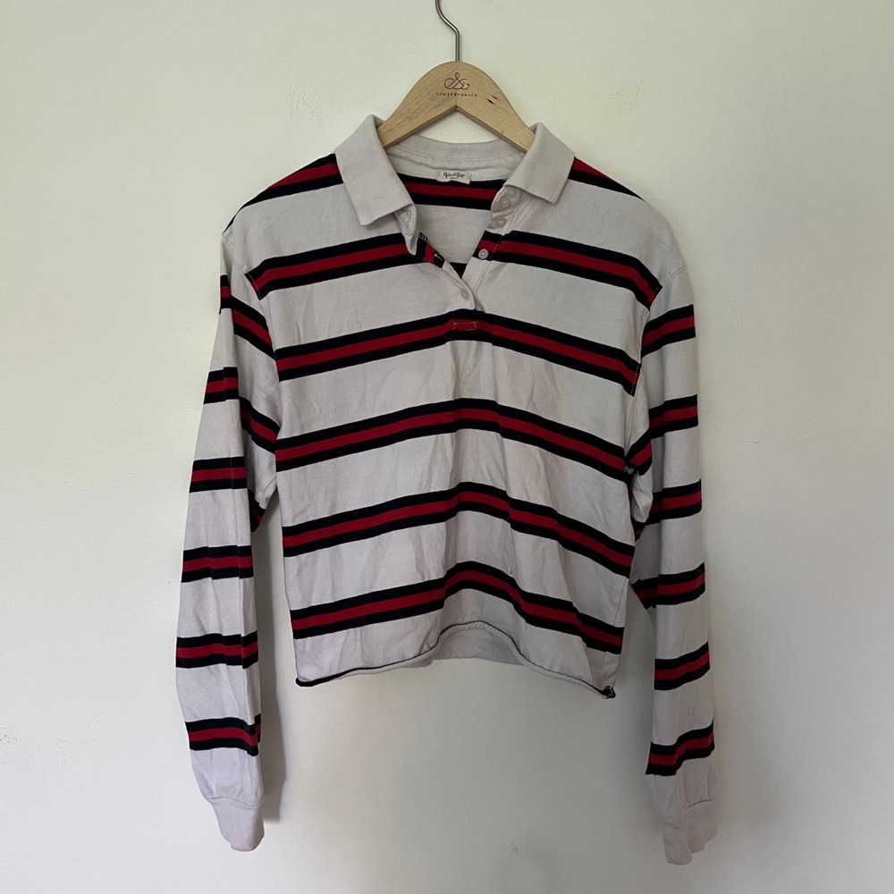 John Galt Striped Long Sleeve Polo Shirt White Navy Red Cropped Small